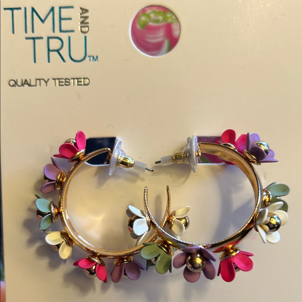 Time and Tru Colorful Floral Hoop Earrings NIP